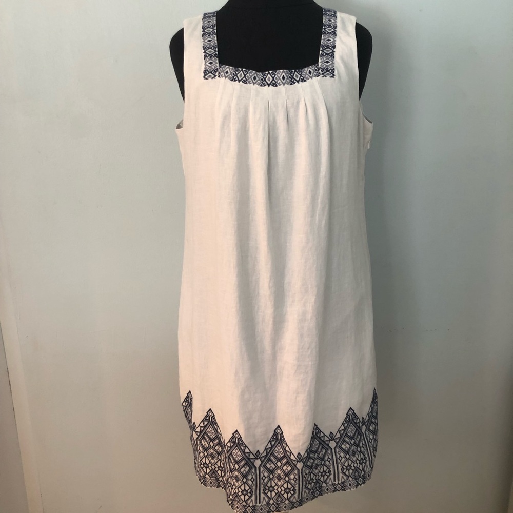 J. Jill White Linen Embroidered Shift Dress Sleeveless Lined in Cotton Medium